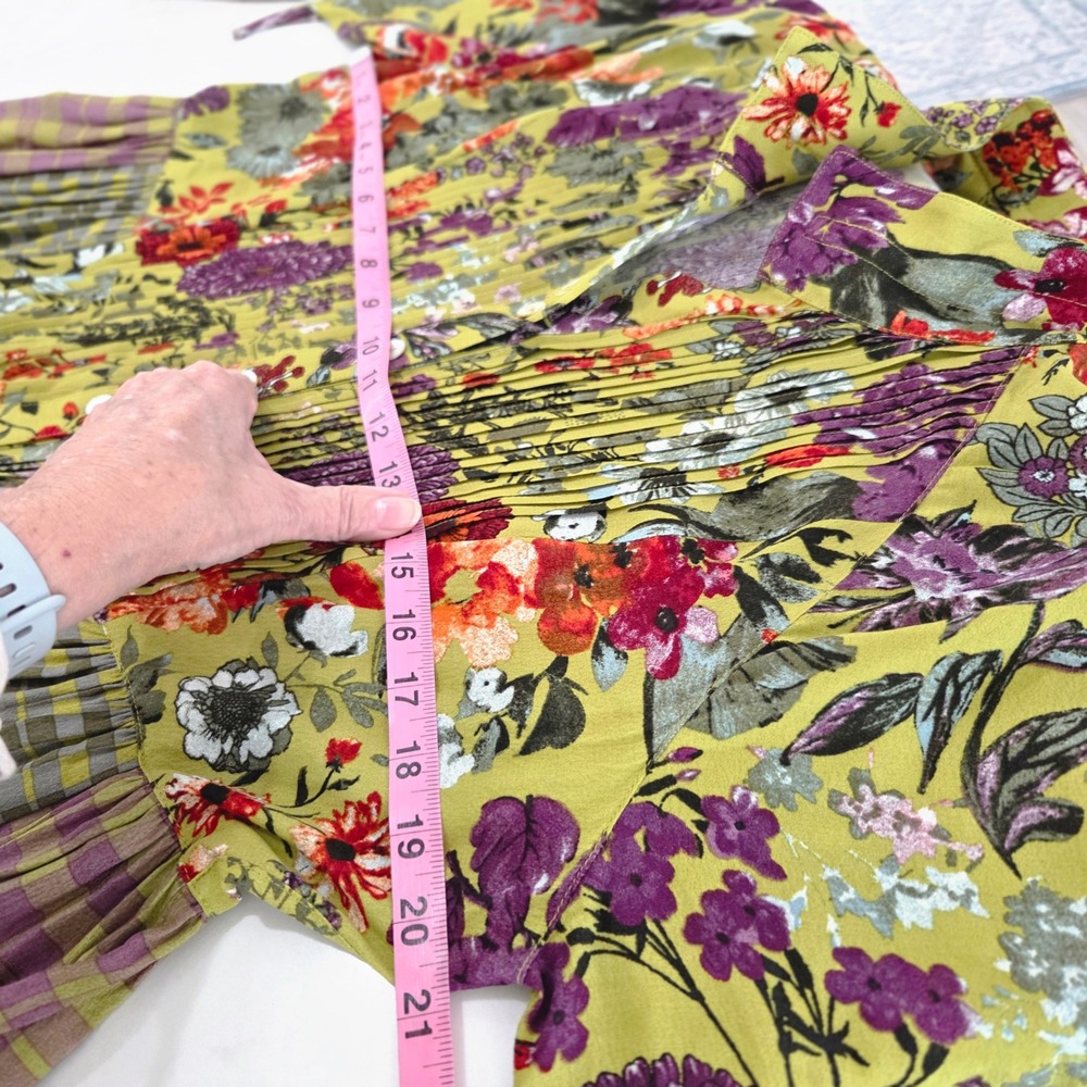 John Mark Maxi Dress Medium Green Floral Gingham Pintuck Button Front Boho Flowy - Picture 13 of 13